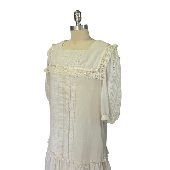 Gunne Sax Vintage 70s Edwardian Style White Midi Dress Size 11 M Drop Waist - Picture 6 of 14